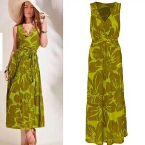 CAbi 5953 Tie Front Dress V-Neck Sleeveless Green Tropical Palm